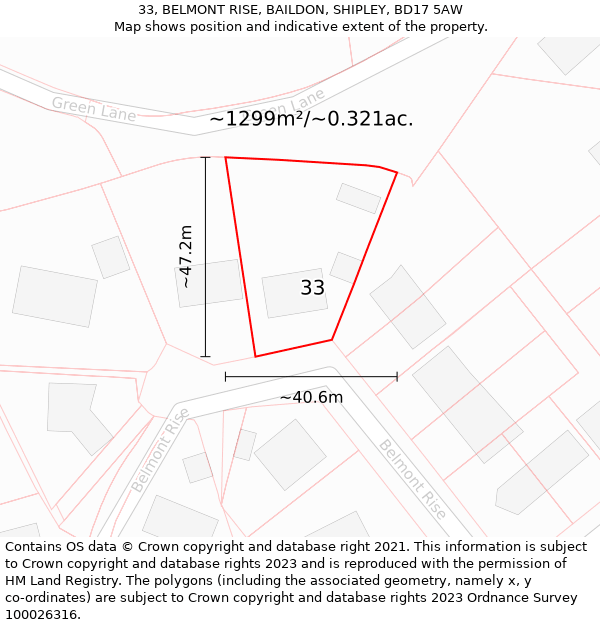 33, BELMONT RISE, BAILDON, SHIPLEY, BD17 5AW: Plot and title map