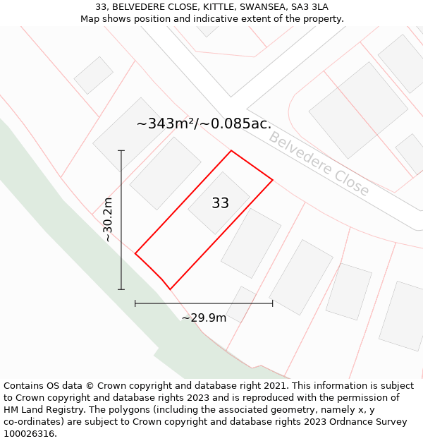 33, BELVEDERE CLOSE, KITTLE, SWANSEA, SA3 3LA: Plot and title map
