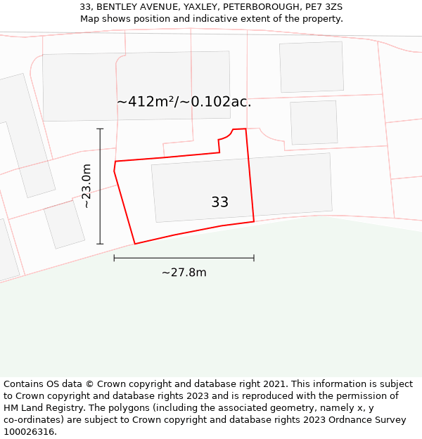 33, BENTLEY AVENUE, YAXLEY, PETERBOROUGH, PE7 3ZS: Plot and title map