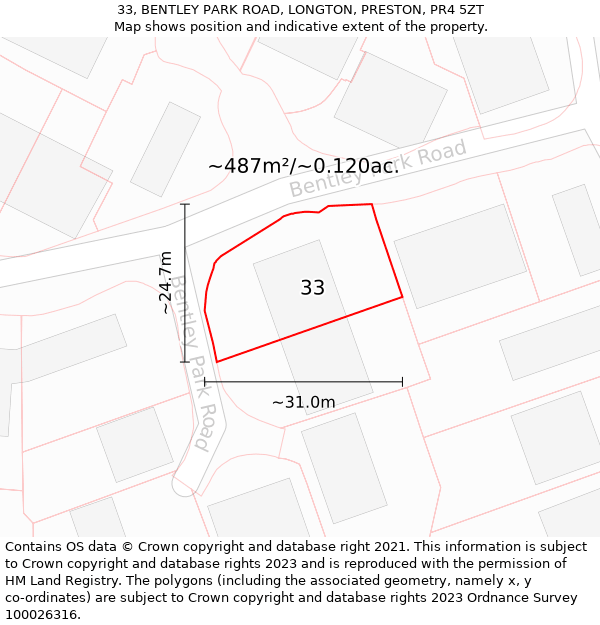 33, BENTLEY PARK ROAD, LONGTON, PRESTON, PR4 5ZT: Plot and title map