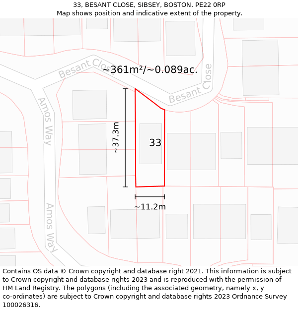 33, BESANT CLOSE, SIBSEY, BOSTON, PE22 0RP: Plot and title map