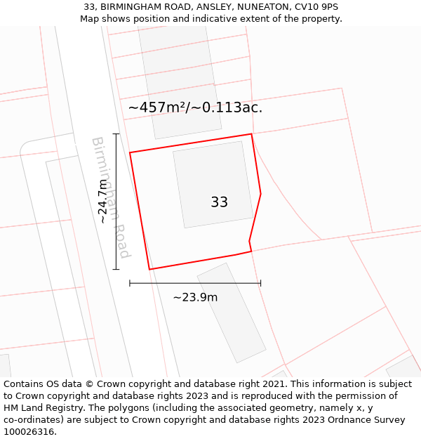 33, BIRMINGHAM ROAD, ANSLEY, NUNEATON, CV10 9PS: Plot and title map