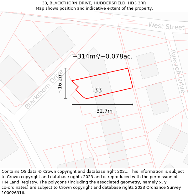 33, BLACKTHORN DRIVE, HUDDERSFIELD, HD3 3RR: Plot and title map