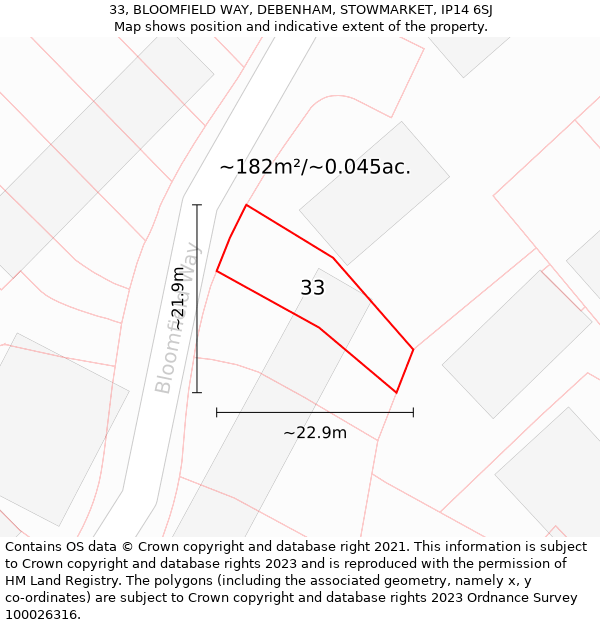 33, BLOOMFIELD WAY, DEBENHAM, STOWMARKET, IP14 6SJ: Plot and title map