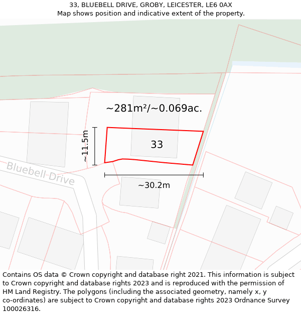 33, BLUEBELL DRIVE, GROBY, LEICESTER, LE6 0AX: Plot and title map