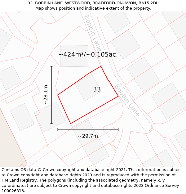 33, BOBBIN LANE, WESTWOOD, BRADFORD-ON-AVON, BA15 2DL: Plot and title map