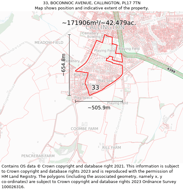 33, BOCONNOC AVENUE, CALLINGTON, PL17 7TN: Plot and title map