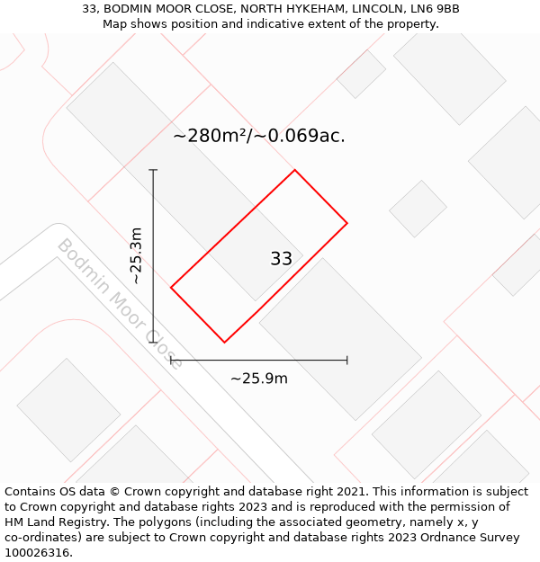 33, BODMIN MOOR CLOSE, NORTH HYKEHAM, LINCOLN, LN6 9BB: Plot and title map