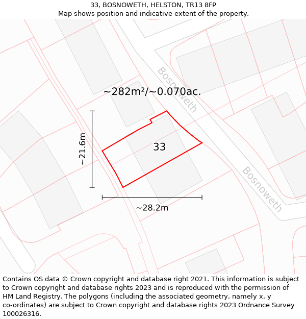 33, BOSNOWETH, HELSTON, TR13 8FP: Plot and title map