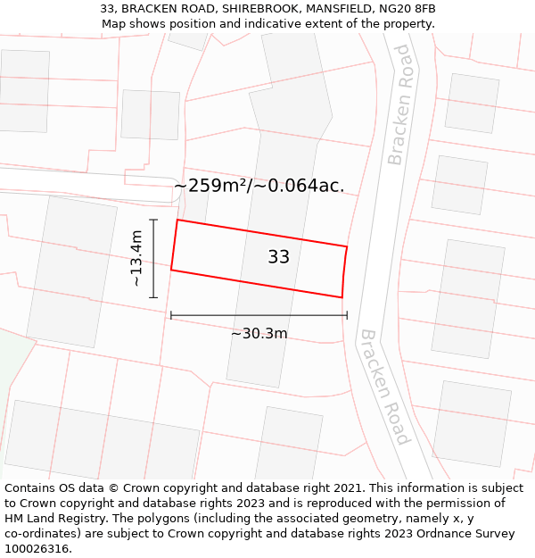 33, BRACKEN ROAD, SHIREBROOK, MANSFIELD, NG20 8FB: Plot and title map