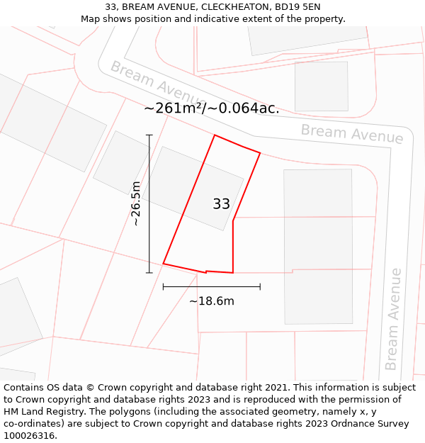 33, BREAM AVENUE, CLECKHEATON, BD19 5EN: Plot and title map