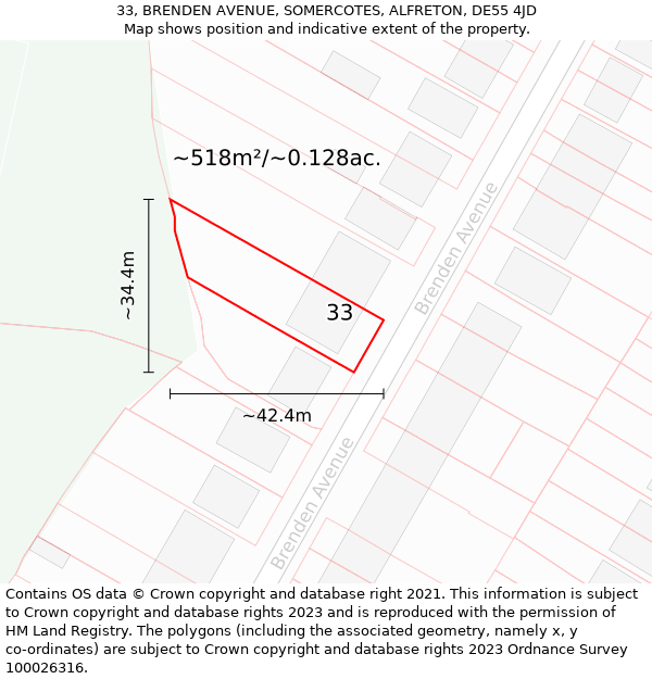 33, BRENDEN AVENUE, SOMERCOTES, ALFRETON, DE55 4JD: Plot and title map