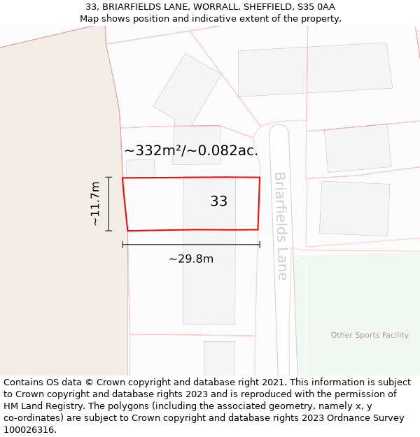 33, BRIARFIELDS LANE, WORRALL, SHEFFIELD, S35 0AA: Plot and title map