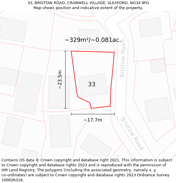 33, BRISTOW ROAD, CRANWELL VILLAGE, SLEAFORD, NG34 8FG: Plot and title map