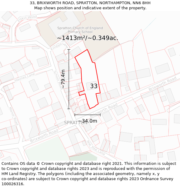 33, BRIXWORTH ROAD, SPRATTON, NORTHAMPTON, NN6 8HH: Plot and title map