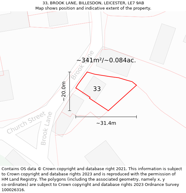 33, BROOK LANE, BILLESDON, LEICESTER, LE7 9AB: Plot and title map