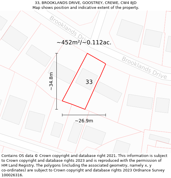 33, BROOKLANDS DRIVE, GOOSTREY, CREWE, CW4 8JD: Plot and title map