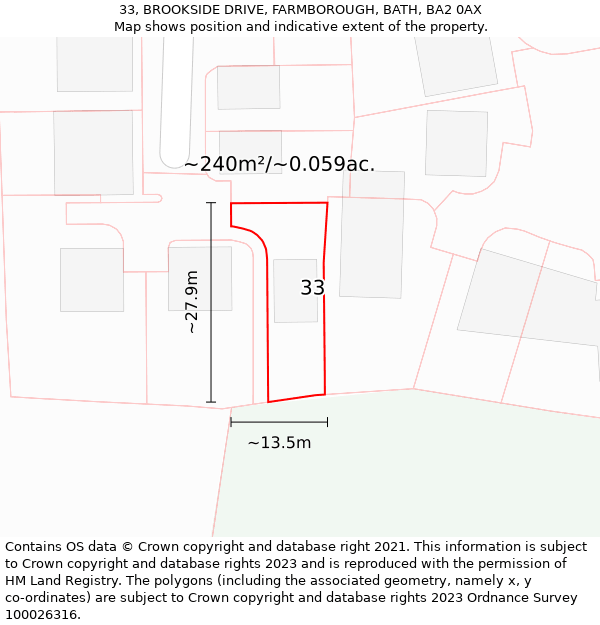 33, BROOKSIDE DRIVE, FARMBOROUGH, BATH, BA2 0AX: Plot and title map