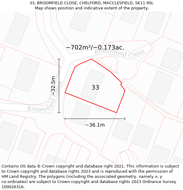 33, BROOMFIELD CLOSE, CHELFORD, MACCLESFIELD, SK11 9SL: Plot and title map