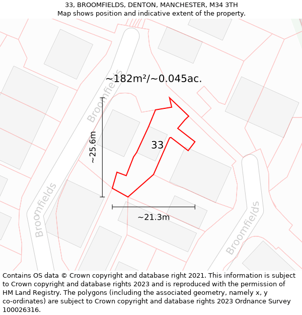 33, BROOMFIELDS, DENTON, MANCHESTER, M34 3TH: Plot and title map