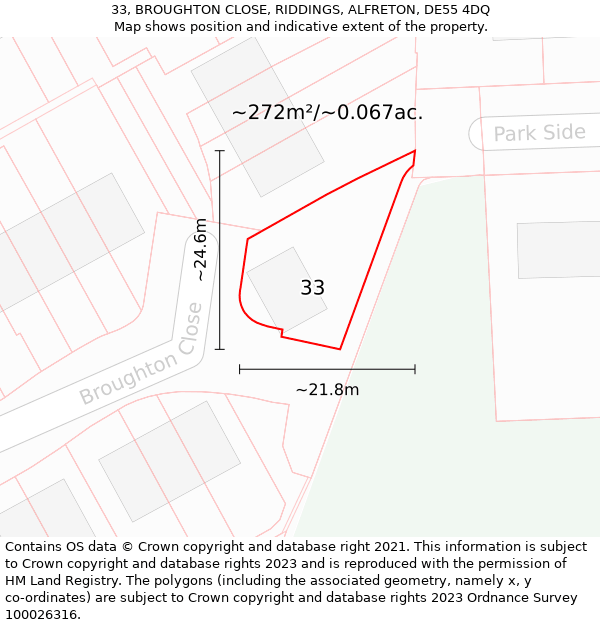 33, BROUGHTON CLOSE, RIDDINGS, ALFRETON, DE55 4DQ: Plot and title map