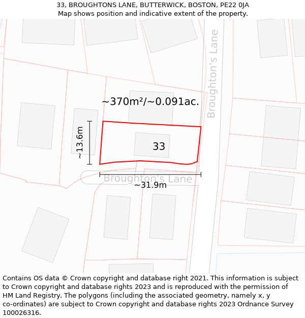 33, BROUGHTONS LANE, BUTTERWICK, BOSTON, PE22 0JA: Plot and title map