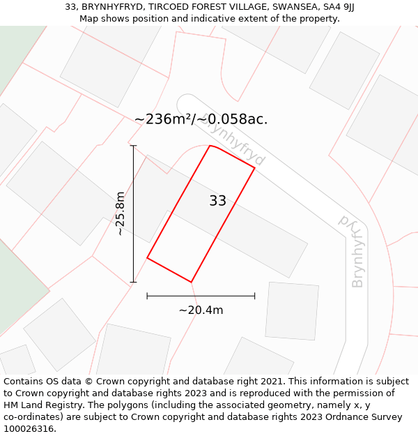 33, BRYNHYFRYD, TIRCOED FOREST VILLAGE, SWANSEA, SA4 9JJ: Plot and title map