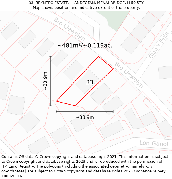 33, BRYNTEG ESTATE, LLANDEGFAN, MENAI BRIDGE, LL59 5TY: Plot and title map