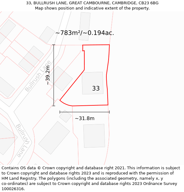 33, BULLRUSH LANE, GREAT CAMBOURNE, CAMBRIDGE, CB23 6BG: Plot and title map