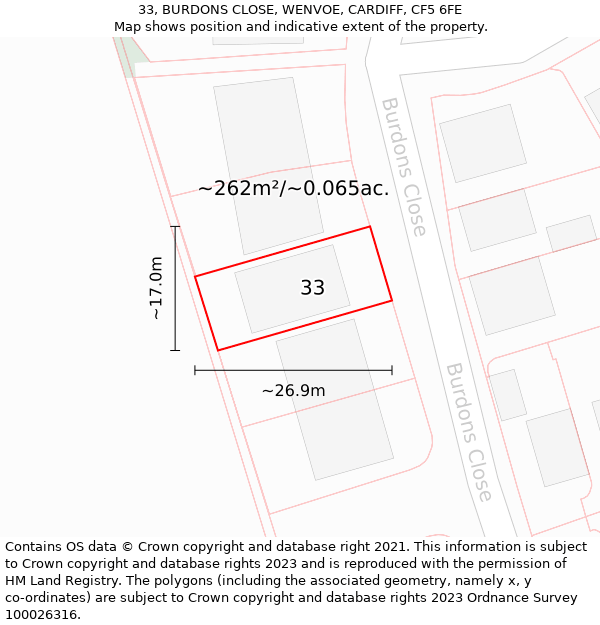 33, BURDONS CLOSE, WENVOE, CARDIFF, CF5 6FE: Plot and title map