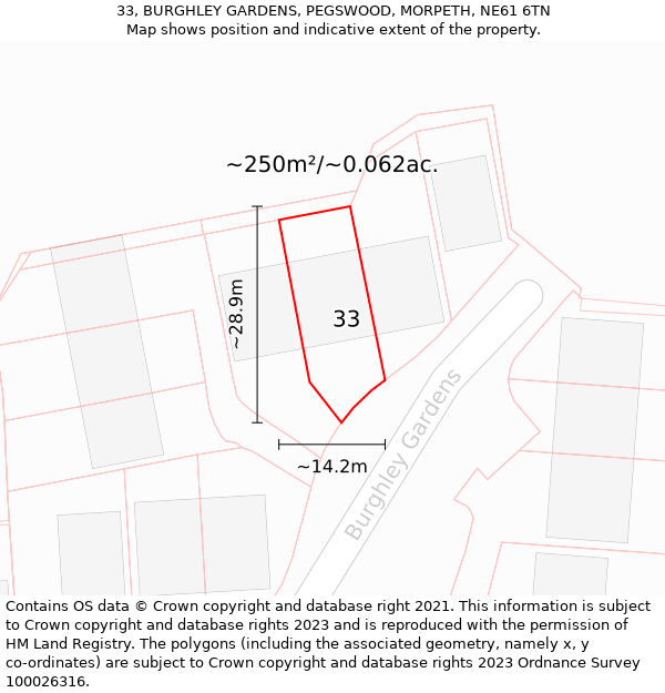 33, BURGHLEY GARDENS, PEGSWOOD, MORPETH, NE61 6TN: Plot and title map