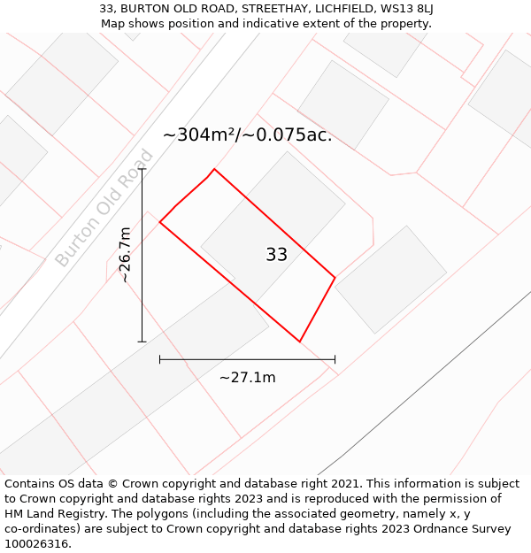 33, BURTON OLD ROAD, STREETHAY, LICHFIELD, WS13 8LJ: Plot and title map