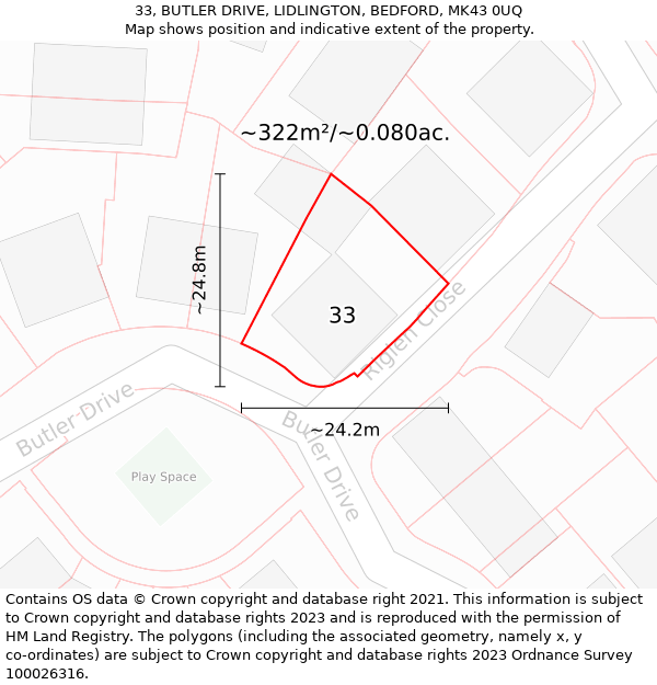 33, BUTLER DRIVE, LIDLINGTON, BEDFORD, MK43 0UQ: Plot and title map