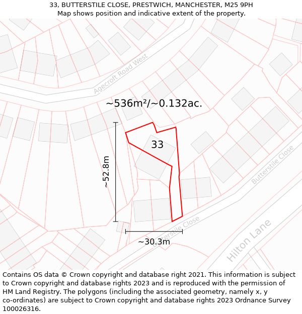 33, BUTTERSTILE CLOSE, PRESTWICH, MANCHESTER, M25 9PH: Plot and title map