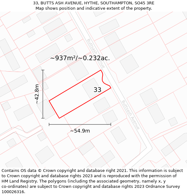 33, BUTTS ASH AVENUE, HYTHE, SOUTHAMPTON, SO45 3RE: Plot and title map