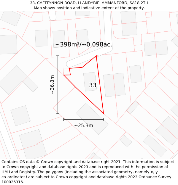 33, CAEFFYNNON ROAD, LLANDYBIE, AMMANFORD, SA18 2TH: Plot and title map