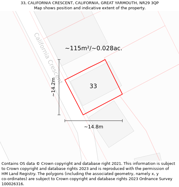 33, CALIFORNIA CRESCENT, CALIFORNIA, GREAT YARMOUTH, NR29 3QP: Plot and title map