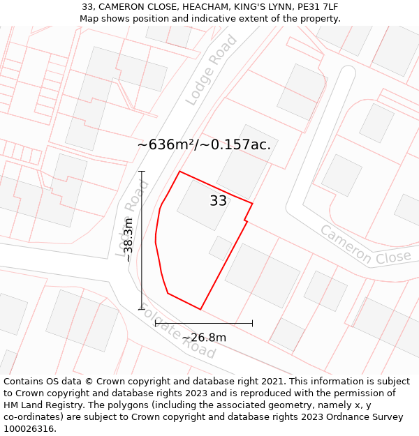 33, CAMERON CLOSE, HEACHAM, KING'S LYNN, PE31 7LF: Plot and title map