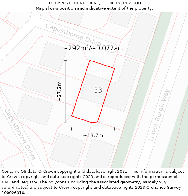 33, CAPESTHORNE DRIVE, CHORLEY, PR7 3QQ: Plot and title map