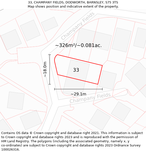 33, CHAMPANY FIELDS, DODWORTH, BARNSLEY, S75 3TS: Plot and title map