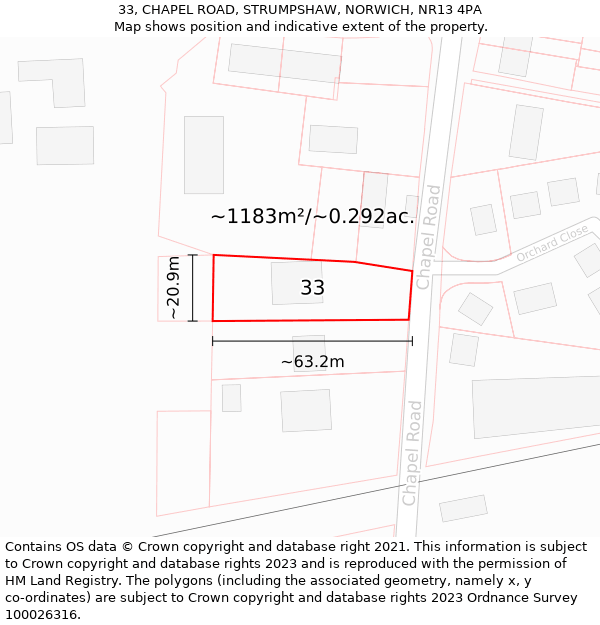 33, CHAPEL ROAD, STRUMPSHAW, NORWICH, NR13 4PA: Plot and title map