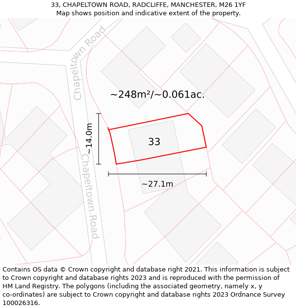 33, CHAPELTOWN ROAD, RADCLIFFE, MANCHESTER, M26 1YF: Plot and title map