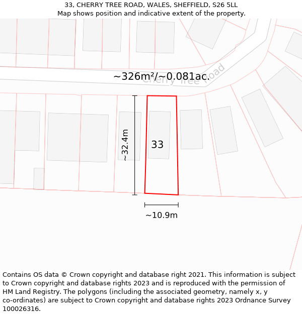 33, CHERRY TREE ROAD, WALES, SHEFFIELD, S26 5LL: Plot and title map