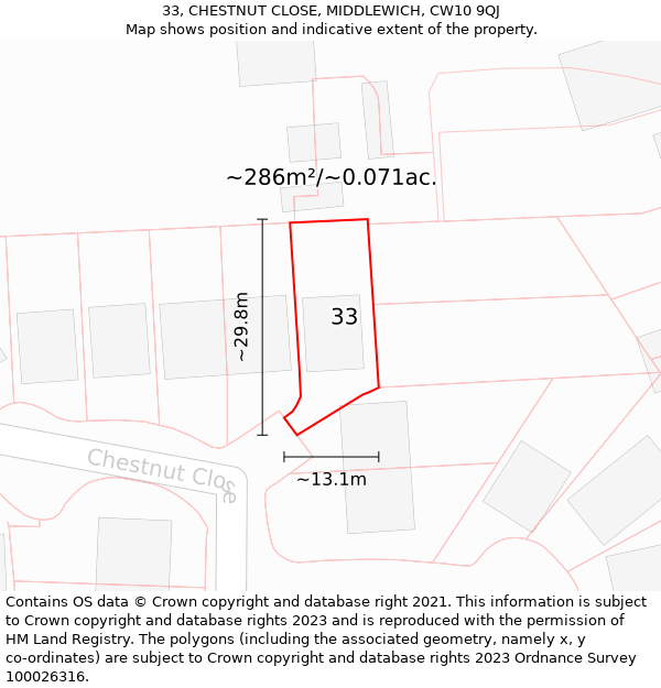 33, CHESTNUT CLOSE, MIDDLEWICH, CW10 9QJ: Plot and title map