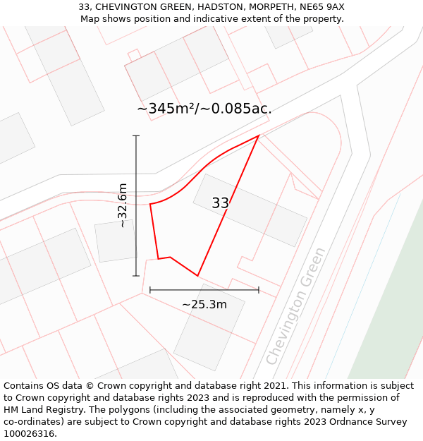 33, CHEVINGTON GREEN, HADSTON, MORPETH, NE65 9AX: Plot and title map