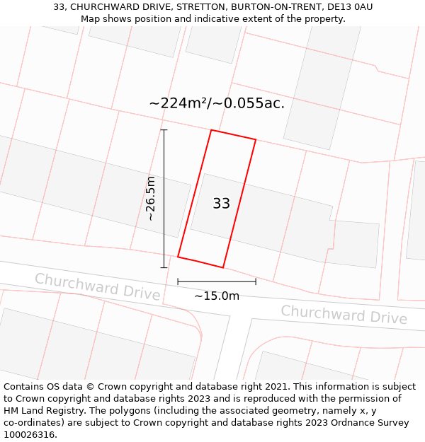 33, CHURCHWARD DRIVE, STRETTON, BURTON-ON-TRENT, DE13 0AU: Plot and title map