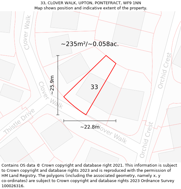 33, CLOVER WALK, UPTON, PONTEFRACT, WF9 1NN: Plot and title map