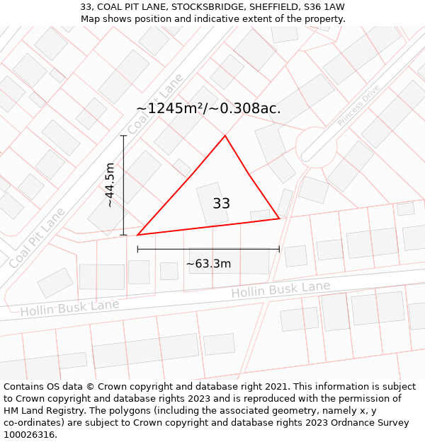 33, COAL PIT LANE, STOCKSBRIDGE, SHEFFIELD, S36 1AW: Plot and title map