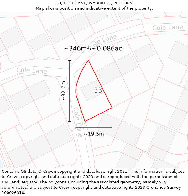 33, COLE LANE, IVYBRIDGE, PL21 0PN: Plot and title map