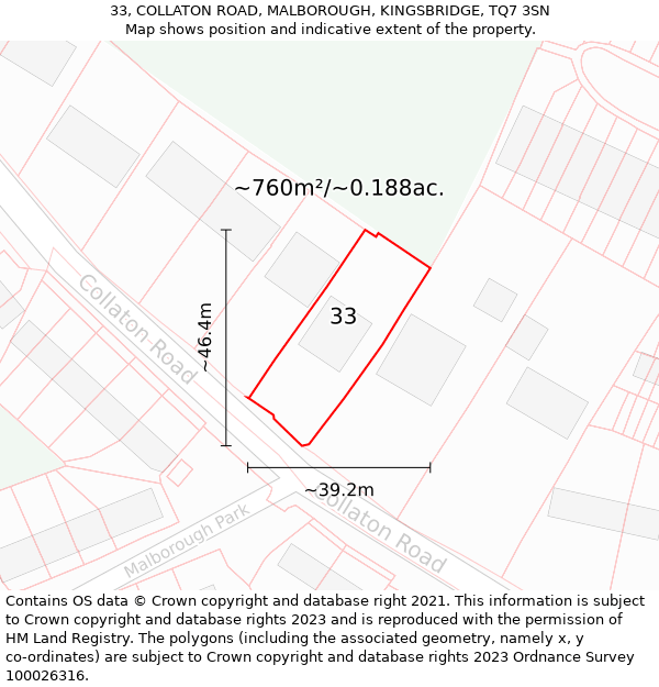 33, COLLATON ROAD, MALBOROUGH, KINGSBRIDGE, TQ7 3SN: Plot and title map